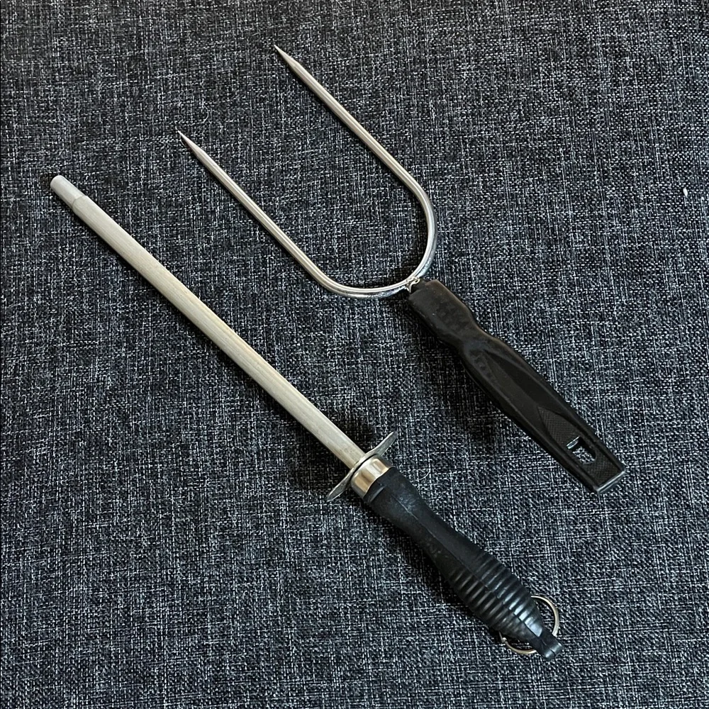 Honing Steel & Carving Fork Set Butcher Chef Kitchen Sharpening Rod Bundle